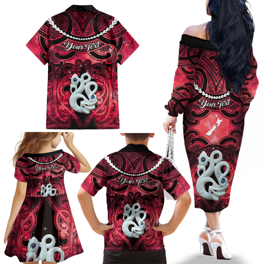 Personalised Maori Matariki Manaia Whero Family Matching Off The Shoulder Long Sleeve Dress and Hawaiian Shirt Maori Kowhaiwhai Pattern Galaxy LT01 - Polynesian Pride
