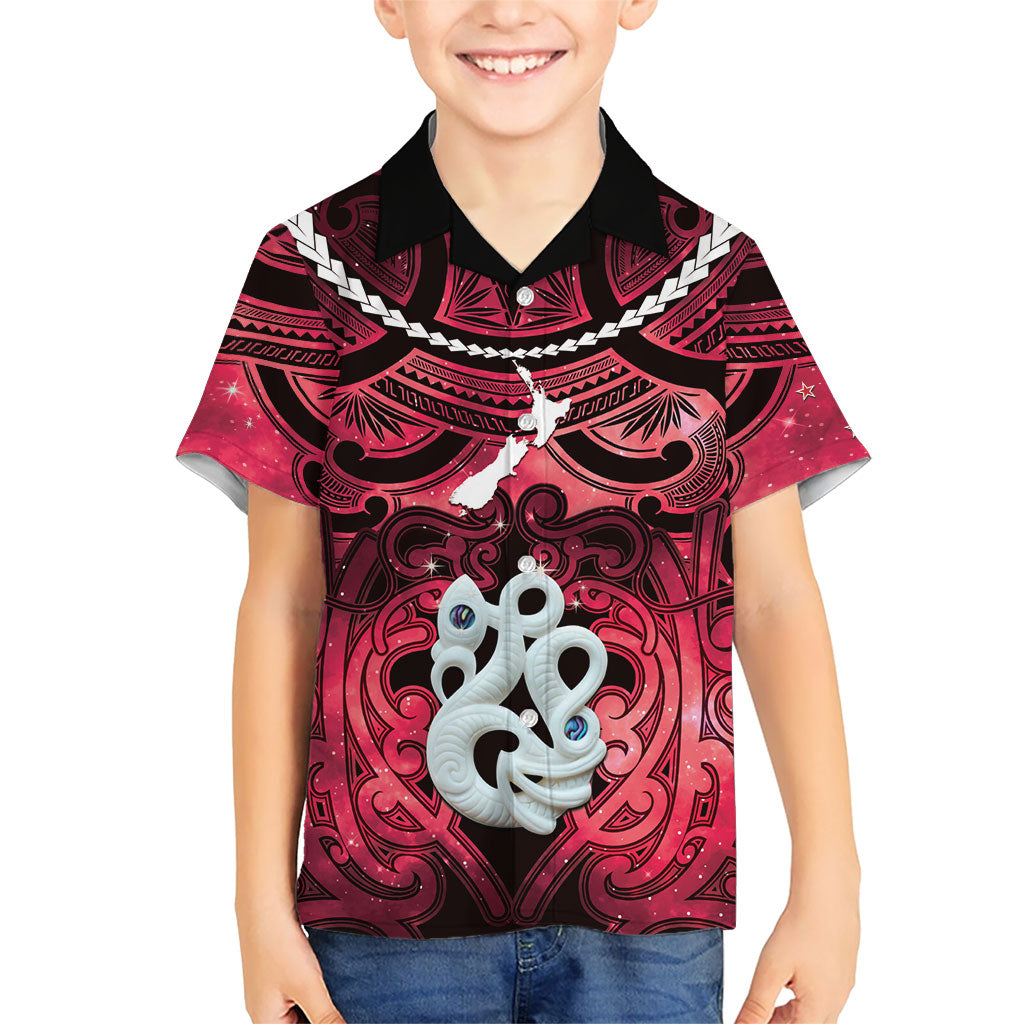 Personalised Maori Matariki Manaia Whero Family Matching Off The Shoulder Long Sleeve Dress and Hawaiian Shirt Maori Kowhaiwhai Pattern Galaxy LT01 Son's Shirt Red - Polynesian Pride