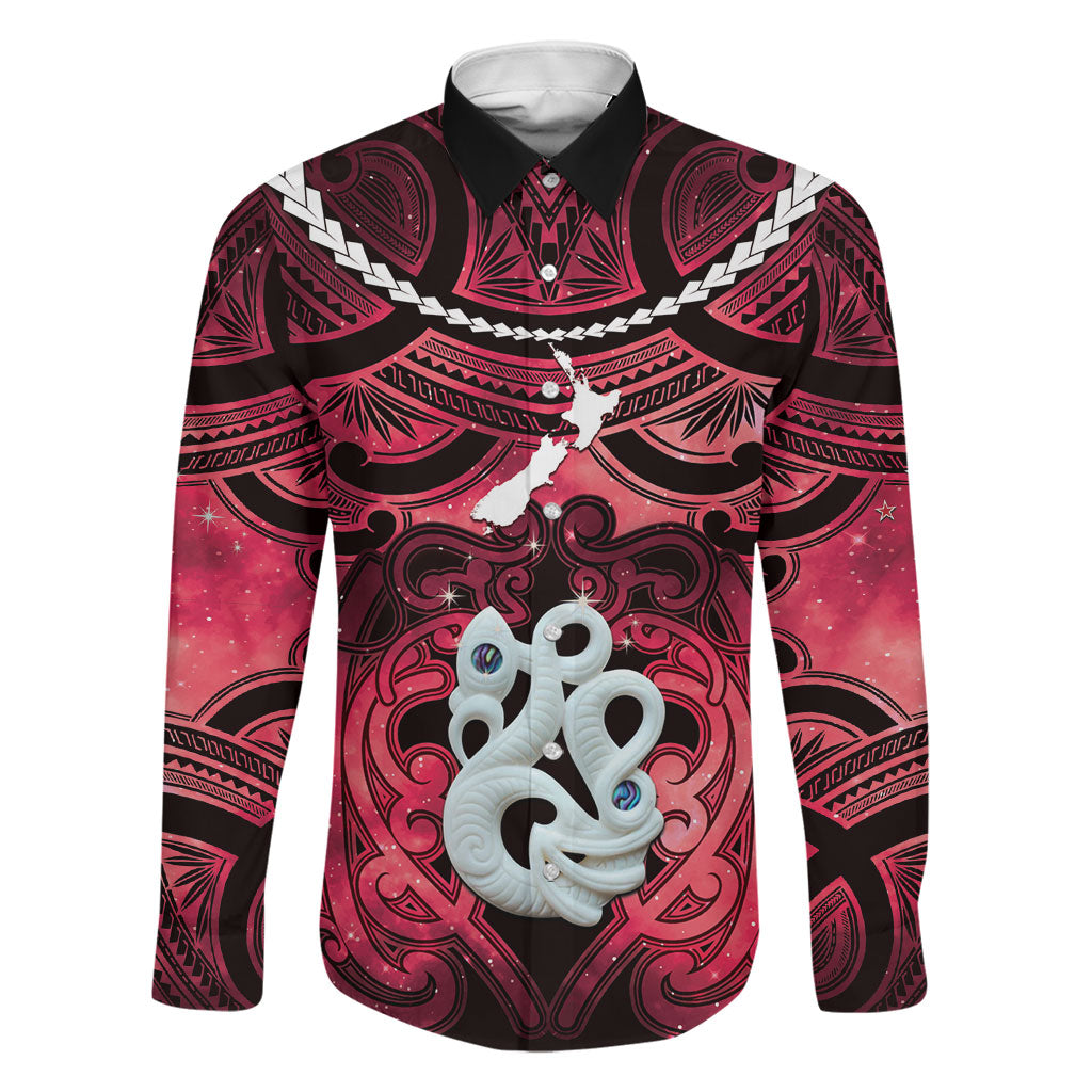 Personalised Maori Matariki Manaia Whero Family Matching Off Shoulder Maxi Dress and Hawaiian Shirt Maori Kowhaiwhai Pattern Galaxy LT01 Dad's Shirt - Long Sleeve Red - Polynesian Pride