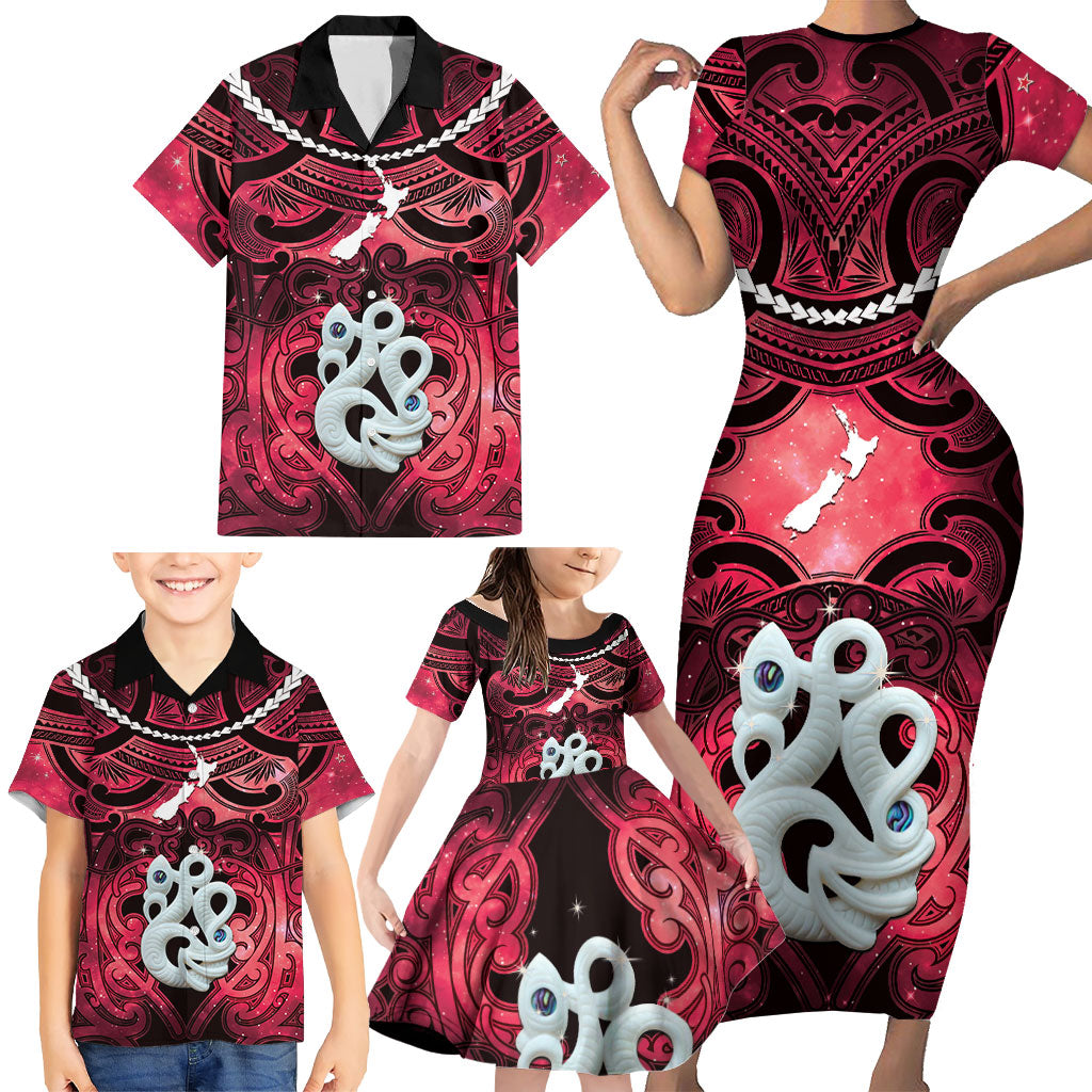 Personalised Maori Matariki Manaia Whero Family Matching Short Sleeve Bodycon Dress and Hawaiian Shirt Maori Kowhaiwhai Pattern Galaxy