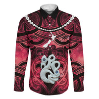 Personalised Maori Matariki Manaia Whero Family Matching Short Sleeve Bodycon Dress and Hawaiian Shirt Maori Kowhaiwhai Pattern Galaxy LT01 Dad's Shirt - Long Sleeve Red - Polynesian Pride