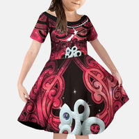 Personalised Maori Matariki Manaia Whero Family Matching Summer Maxi Dress and Hawaiian Shirt Maori Kowhaiwhai Pattern Galaxy LT01 Daughter's Dress Red - Polynesian Pride