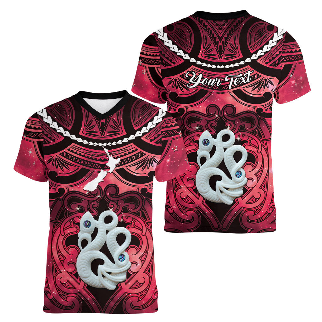 Personalised Maori Matariki Manaia Whero Women V-Neck T-Shirt Maori Kowhaiwhai Pattern Galaxy