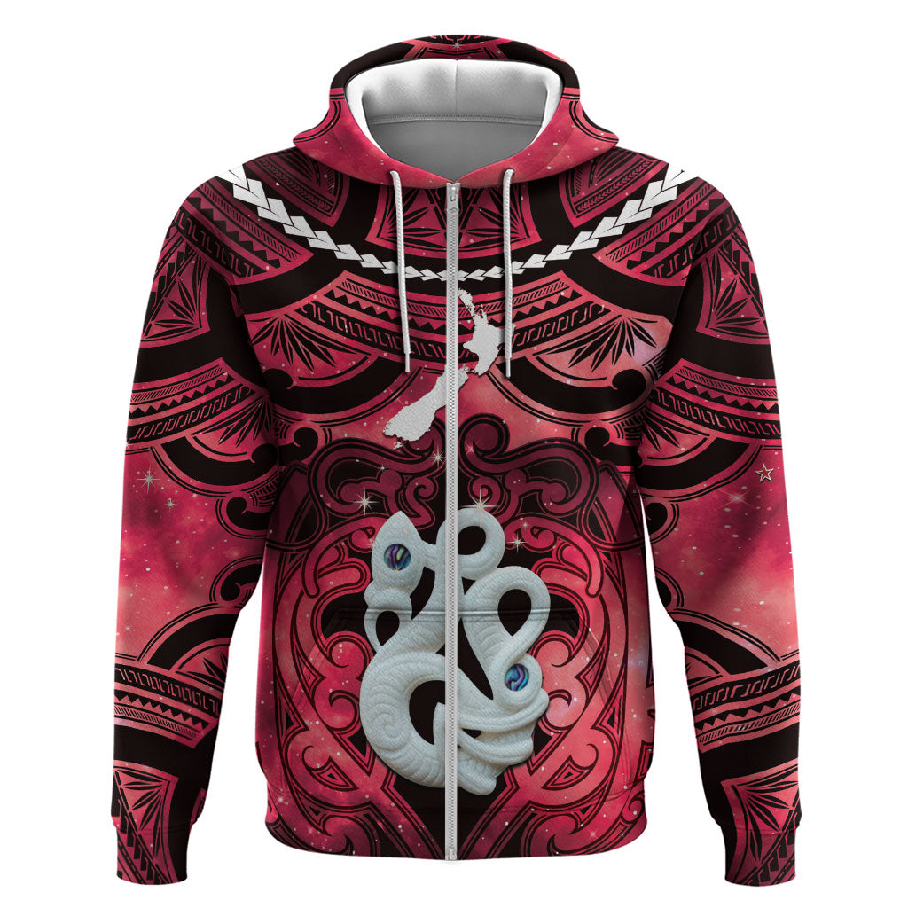 Personalised Maori Matariki Manaia Whero Zip Hoodie Maori Kowhaiwhai Pattern Galaxy