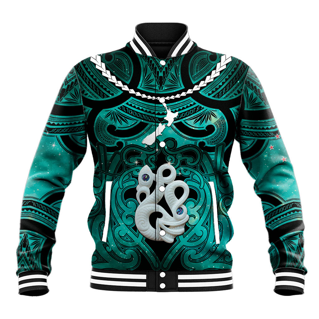 Personalised Maori Matariki Manaia Turquoise Baseball Jacket Maori Kowhaiwhai Pattern Galaxy
