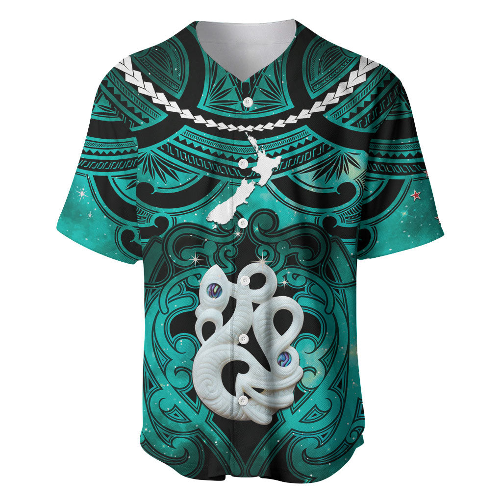 Personalised Maori Matariki Manaia Turquoise Baseball Jersey Maori Kowhaiwhai Pattern Galaxy