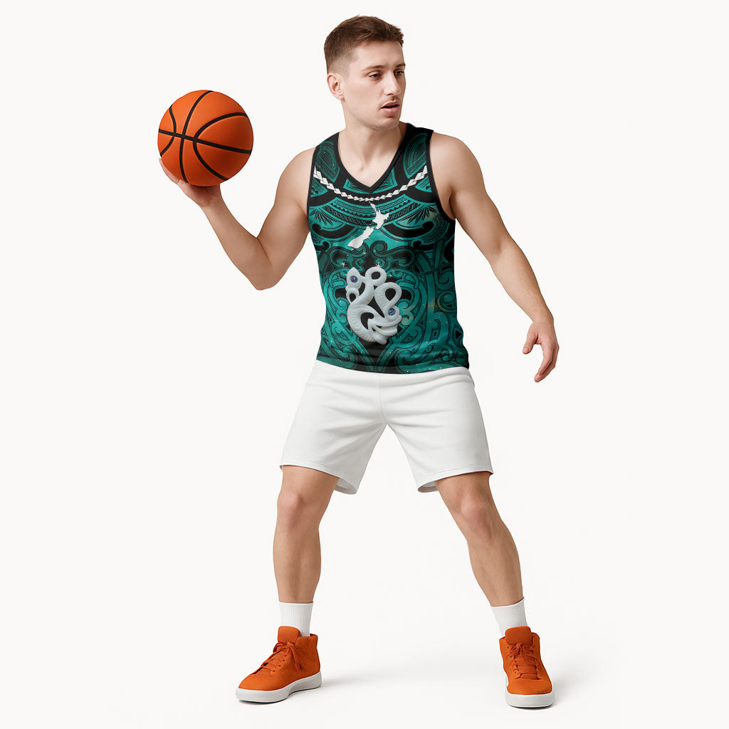 Personalised Maori Matariki Manaia Turquoise Basketball Jersey Maori Kowhaiwhai Pattern Galaxy LT01 - Polynesian Pride