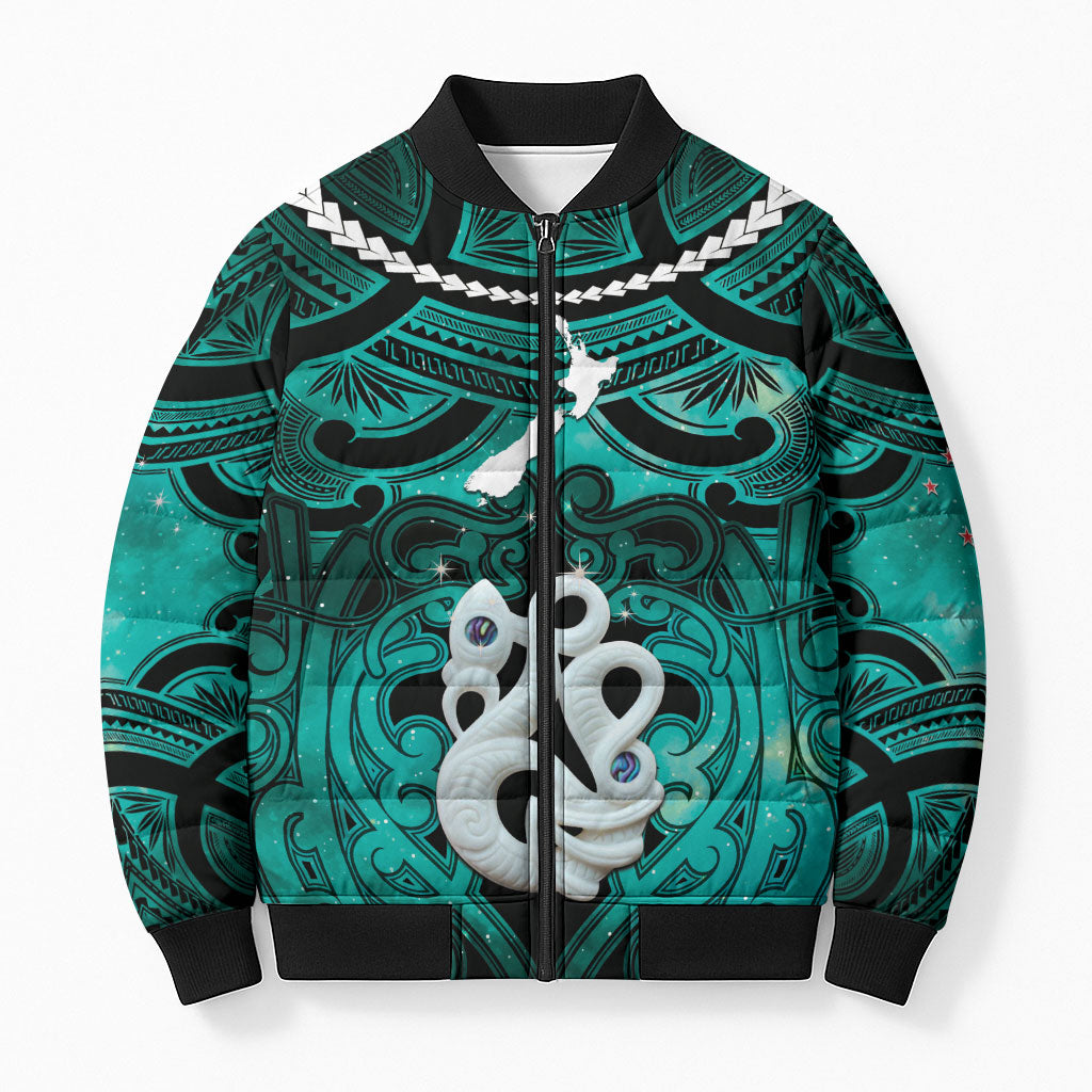 Personalised Maori Matariki Manaia Turquoise Bomber Puffer Jacket Maori Kowhaiwhai Pattern Galaxy