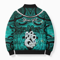 Personalised Maori Matariki Manaia Turquoise Bomber Puffer Jacket Maori Kowhaiwhai Pattern Galaxy
