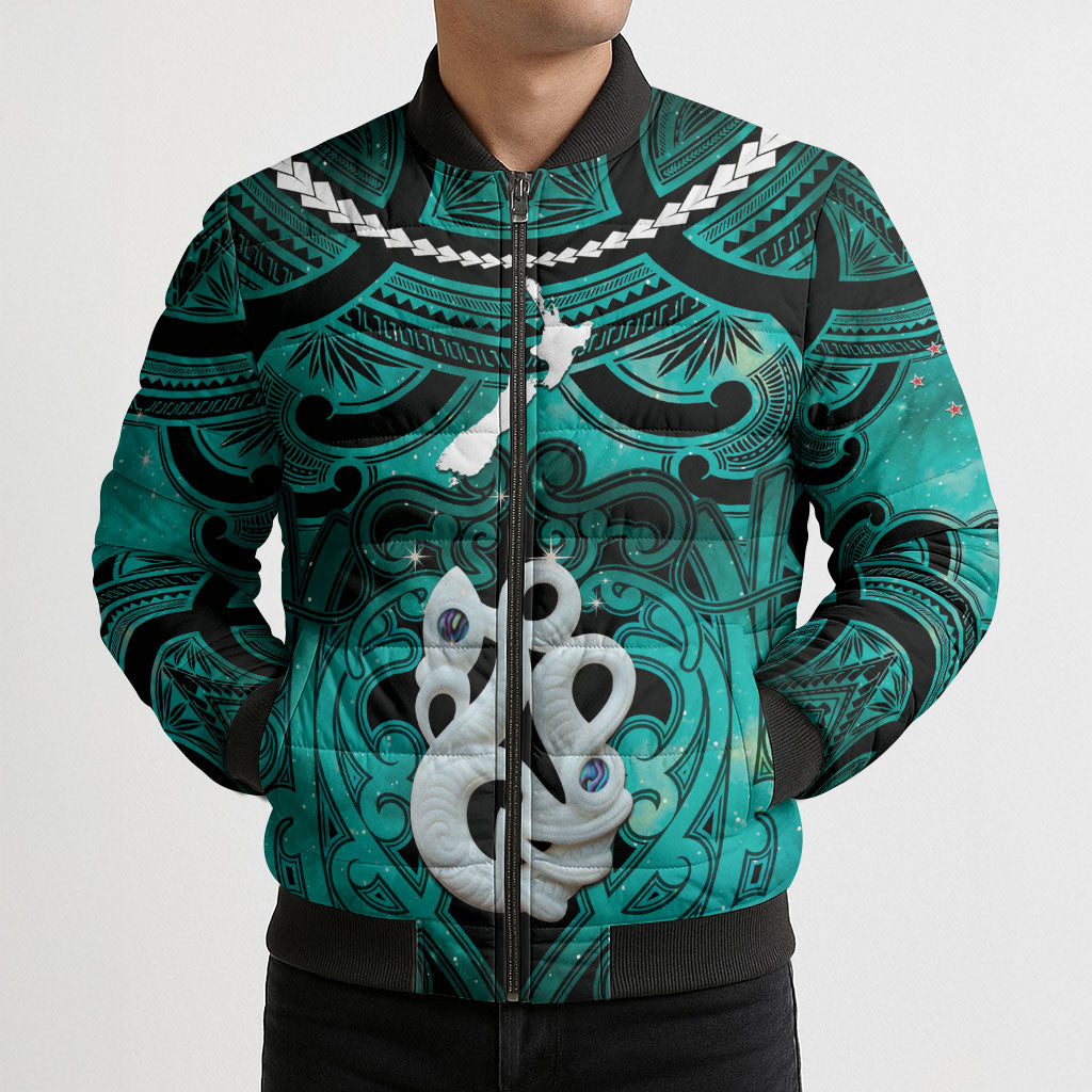Personalised Maori Matariki Manaia Turquoise Bomber Puffer Jacket Maori Kowhaiwhai Pattern Galaxy