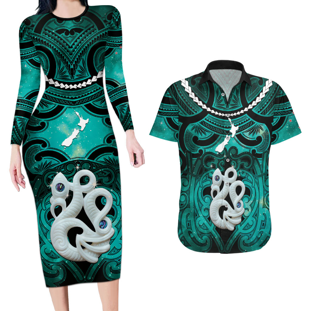 Personalised Maori Matariki Manaia Turquoise Couples Matching Long Sleeve Bodycon Dress and Hawaiian Shirt Maori Kowhaiwhai Pattern Galaxy