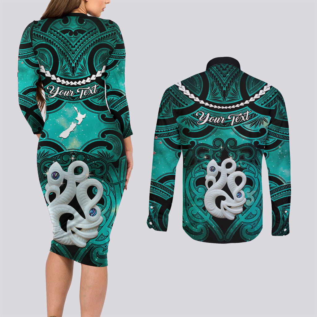 Personalised Maori Matariki Manaia Turquoise Couples Matching Long Sleeve Bodycon Dress and Long Sleeve Button Shirt Maori Kowhaiwhai Pattern Galaxy
