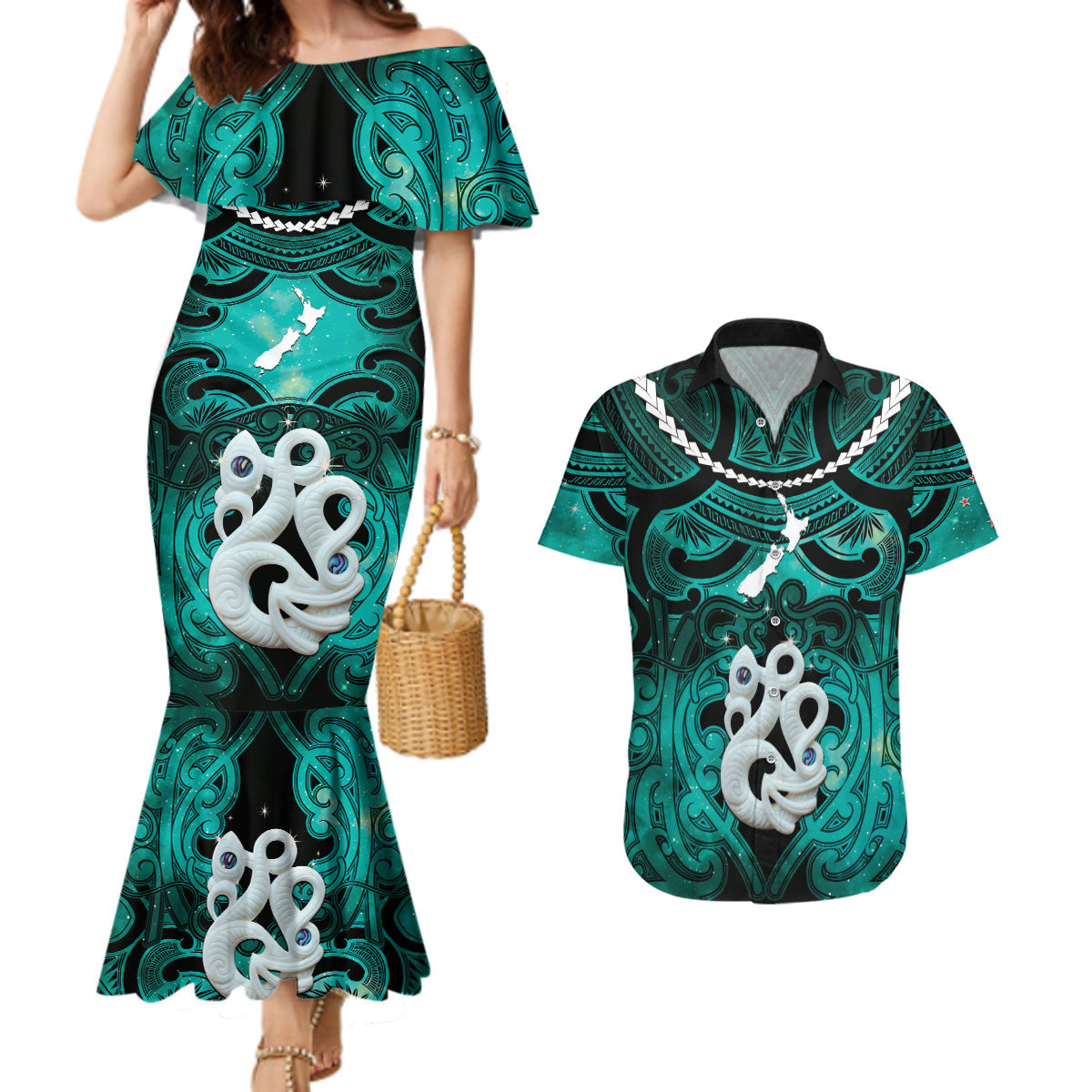 Personalised Maori Matariki Manaia Turquoise Couples Matching Mermaid Dress and Hawaiian Shirt Maori Kowhaiwhai Pattern Galaxy