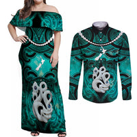 Personalised Maori Matariki Manaia Turquoise Couples Matching Off Shoulder Maxi Dress and Long Sleeve Button Shirt Maori Kowhaiwhai Pattern Galaxy