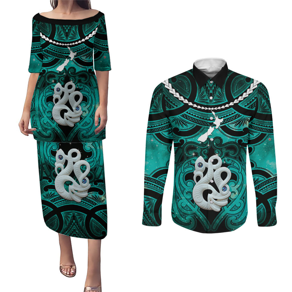 Personalised Maori Matariki Manaia Turquoise Couples Matching Puletasi and Long Sleeve Button Shirt Maori Kowhaiwhai Pattern Galaxy