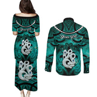 Personalised Maori Matariki Manaia Turquoise Couples Matching Puletasi and Long Sleeve Button Shirt Maori Kowhaiwhai Pattern Galaxy