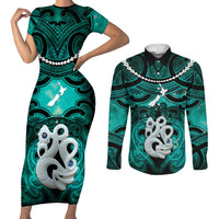 Personalised Maori Matariki Manaia Turquoise Couples Matching Short Sleeve Bodycon Dress and Long Sleeve Button Shirt Maori Kowhaiwhai Pattern Galaxy