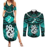 Personalised Maori Matariki Manaia Turquoise Couples Matching Summer Maxi Dress and Long Sleeve Button Shirt Maori Kowhaiwhai Pattern Galaxy