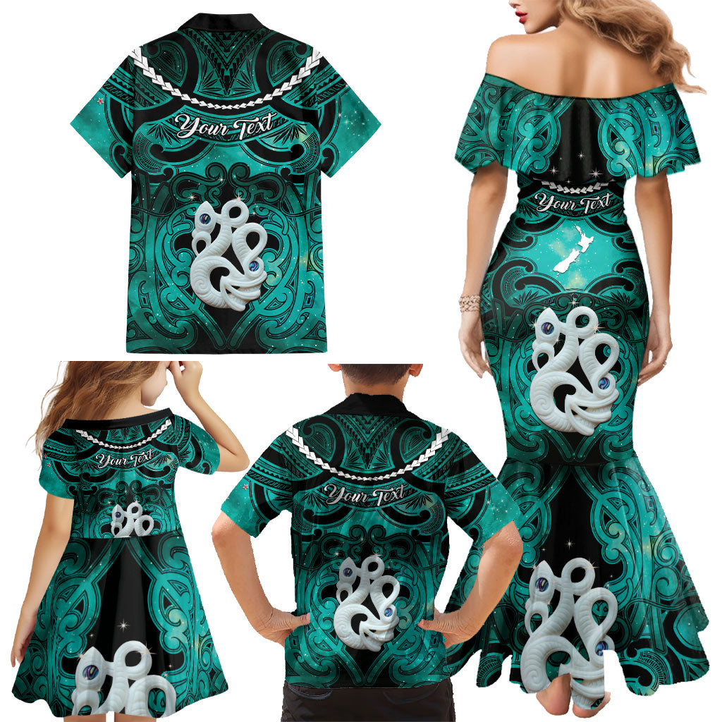 Personalised Maori Matariki Manaia Turquoise Family Matching Mermaid Dress and Hawaiian Shirt Maori Kowhaiwhai Pattern Galaxy LT01 - Polynesian Pride