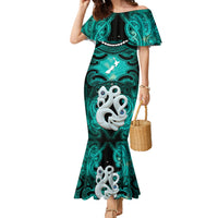Personalised Maori Matariki Manaia Turquoise Family Matching Mermaid Dress and Hawaiian Shirt Maori Kowhaiwhai Pattern Galaxy LT01 Mom's Dress Turquoise - Polynesian Pride
