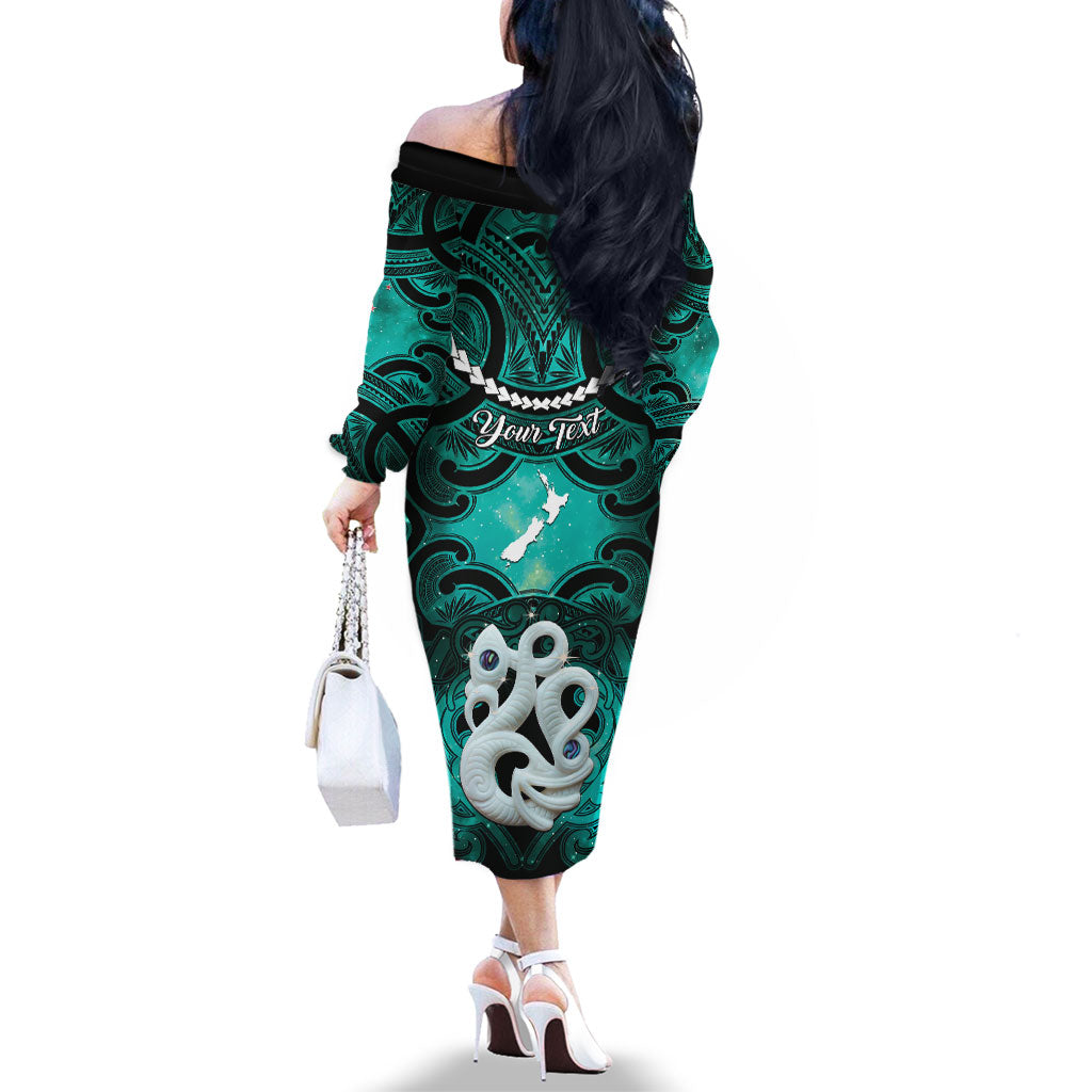 Personalised Maori Matariki Manaia Turquoise Family Matching Off The Shoulder Long Sleeve Dress and Hawaiian Shirt Maori Kowhaiwhai Pattern Galaxy LT01 - Polynesian Pride