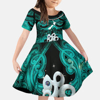 Personalised Maori Matariki Manaia Turquoise Family Matching Off Shoulder Maxi Dress and Hawaiian Shirt Maori Kowhaiwhai Pattern Galaxy LT01 Daughter's Dress Turquoise - Polynesian Pride