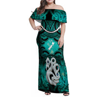 Personalised Maori Matariki Manaia Turquoise Family Matching Off Shoulder Maxi Dress and Hawaiian Shirt Maori Kowhaiwhai Pattern Galaxy LT01 Mom's Dress Turquoise - Polynesian Pride
