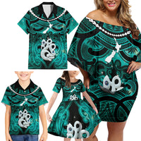 Personalised Maori Matariki Manaia Turquoise Family Matching Off Shoulder Short Dress and Hawaiian Shirt Maori Kowhaiwhai Pattern Galaxy LT01 - Polynesian Pride