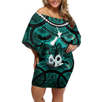 Personalised Maori Matariki Manaia Turquoise Family Matching Off Shoulder Short Dress and Hawaiian Shirt Maori Kowhaiwhai Pattern Galaxy LT01 Mom's Dress Turquoise - Polynesian Pride