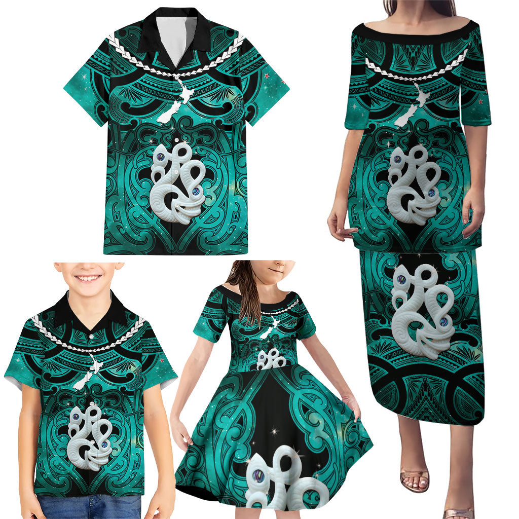 Personalised Maori Matariki Manaia Turquoise Family Matching Puletasi and Hawaiian Shirt Maori Kowhaiwhai Pattern Galaxy