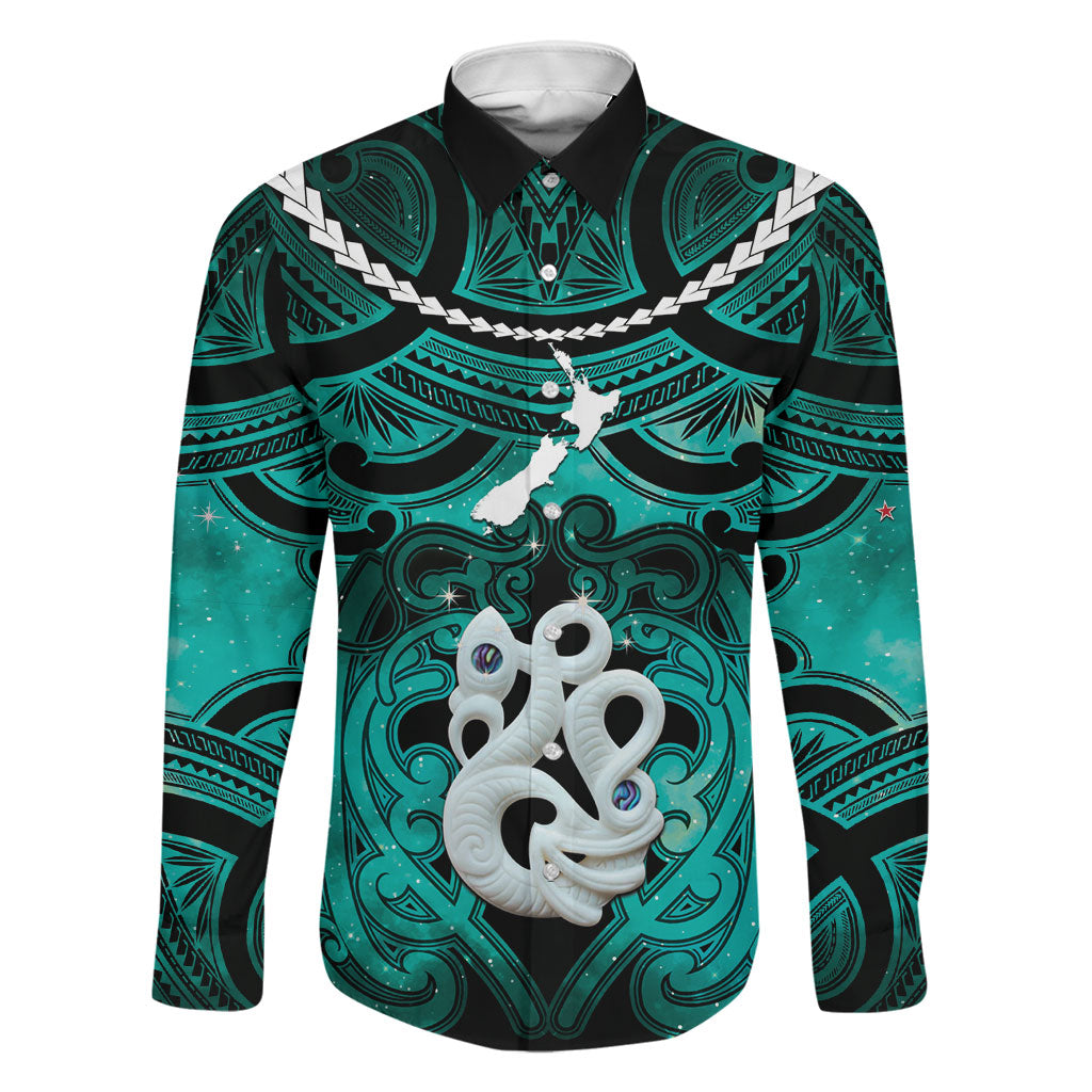 Personalised Maori Matariki Manaia Turquoise Family Matching Puletasi and Hawaiian Shirt Maori Kowhaiwhai Pattern Galaxy