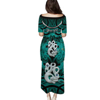 Personalised Maori Matariki Manaia Turquoise Family Matching Puletasi and Hawaiian Shirt Maori Kowhaiwhai Pattern Galaxy