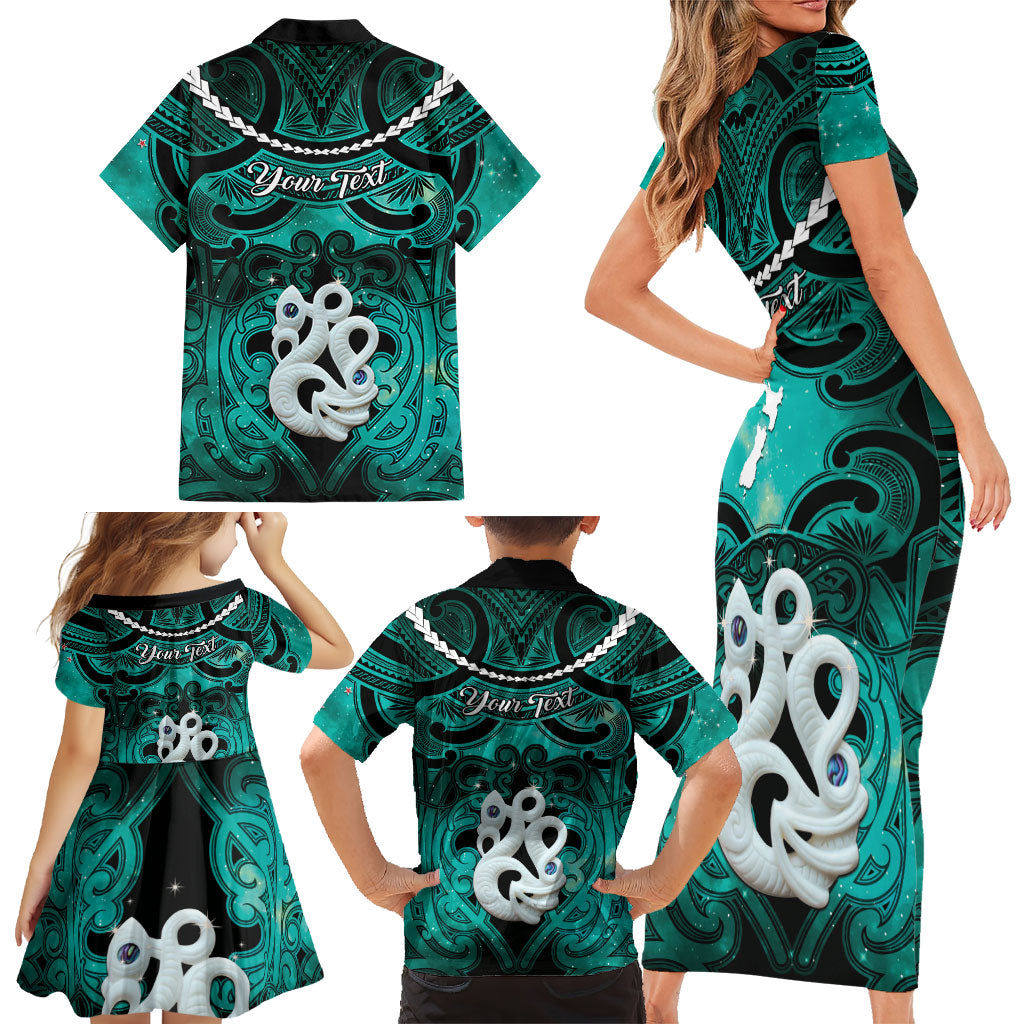Personalised Maori Matariki Manaia Turquoise Family Matching Short Sleeve Bodycon Dress and Hawaiian Shirt Maori Kowhaiwhai Pattern Galaxy LT01 - Polynesian Pride
