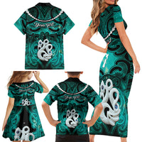 Personalised Maori Matariki Manaia Turquoise Family Matching Short Sleeve Bodycon Dress and Hawaiian Shirt Maori Kowhaiwhai Pattern Galaxy LT01 - Polynesian Pride