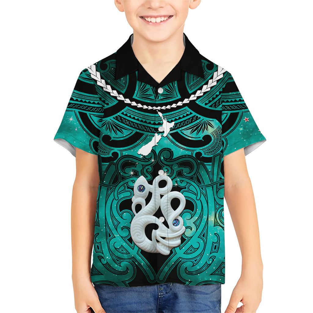 Personalised Maori Matariki Manaia Turquoise Family Matching Summer Maxi Dress and Hawaiian Shirt Maori Kowhaiwhai Pattern Galaxy LT01 Son's Shirt Turquoise - Polynesian Pride