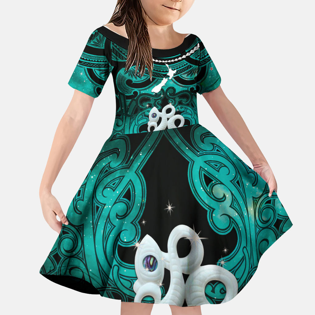 Personalised Maori Matariki Manaia Turquoise Family Matching Tank Maxi Dress and Hawaiian Shirt Maori Kowhaiwhai Pattern Galaxy LT01 Daughter's Dress Turquoise - Polynesian Pride