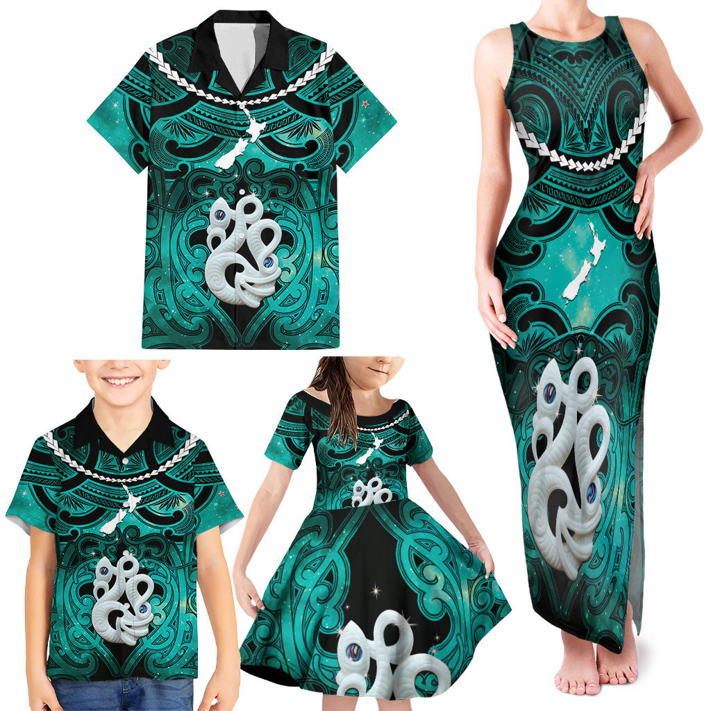 Personalised Maori Matariki Manaia Turquoise Family Matching Tank Maxi Dress and Hawaiian Shirt Maori Kowhaiwhai Pattern Galaxy LT01 - Polynesian Pride