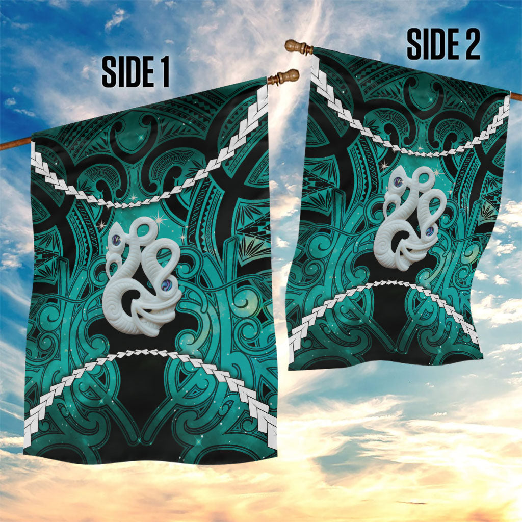 Maori Matariki Manaia Turquoise Garden Flag Maori Kowhaiwhai Pattern Galaxy
