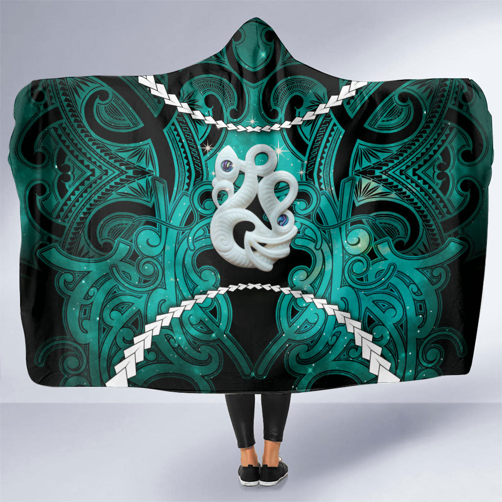 Maori Matariki Manaia Turquoise Hooded Blanket Maori Kowhaiwhai Pattern Galaxy