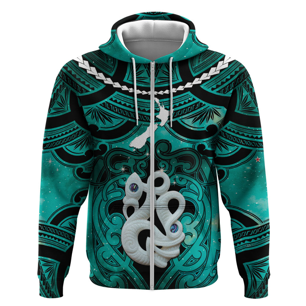 Personalised Maori Matariki Manaia Turquoise Hoodie Maori Kowhaiwhai Pattern Galaxy