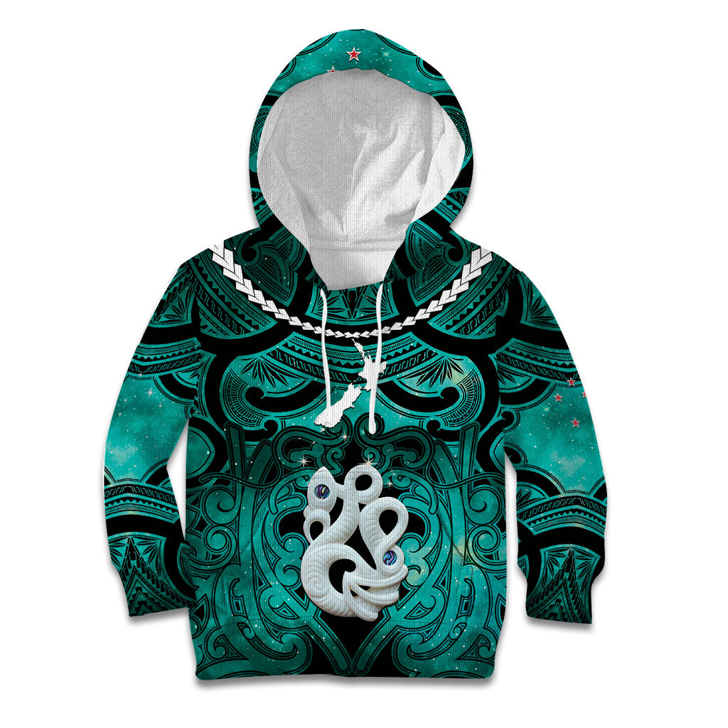 Personalised Maori Matariki Manaia Turquoise Kid Hoodie Maori Kowhaiwhai Pattern Galaxy
