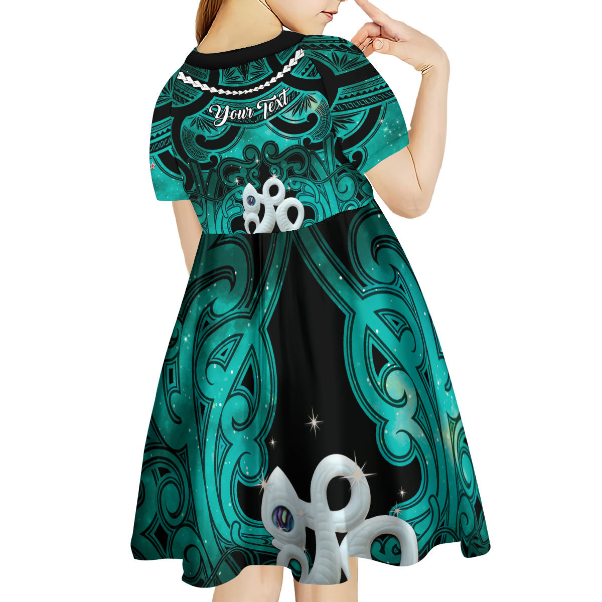 Personalised Maori Matariki Manaia Turquoise Kid Short Sleeve Dress Maori Kowhaiwhai Pattern Galaxy