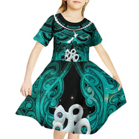 Personalised Maori Matariki Manaia Turquoise Kid Short Sleeve Dress Maori Kowhaiwhai Pattern Galaxy