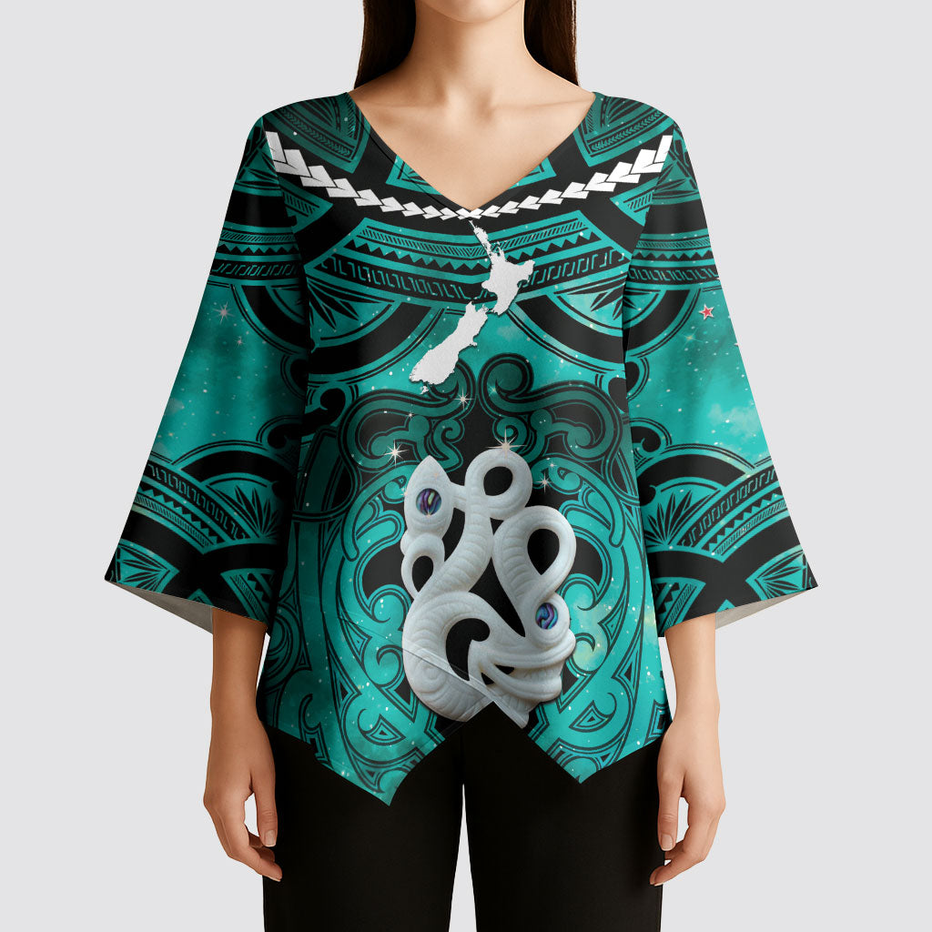 Personalised Maori Matariki Manaia Turquoise Kimono Sleeve Blouse Maori Kowhaiwhai Pattern Galaxy