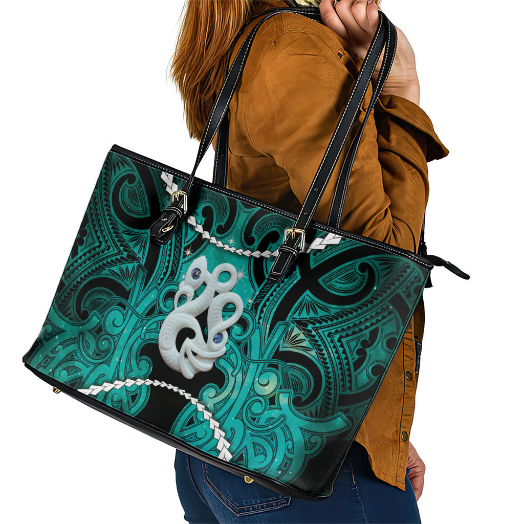 Maori Matariki Manaia Turquoise Leather Tote Bag Maori Kowhaiwhai Pattern Galaxy