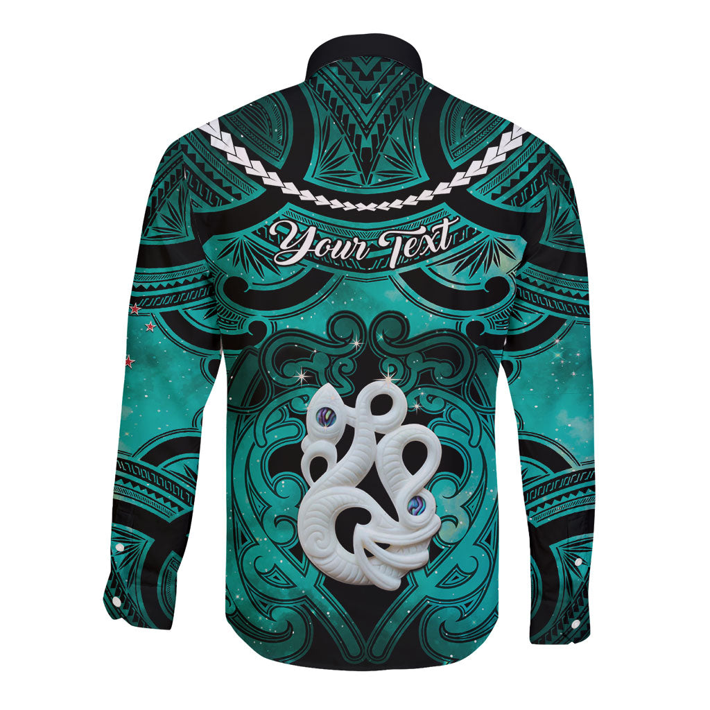 Personalised Maori Matariki Manaia Turquoise Long Sleeve Button Shirt Maori Kowhaiwhai Pattern Galaxy