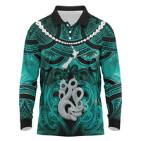 Personalised Maori Matariki Manaia Turquoise Long Sleeve Polo Shirt Maori Kowhaiwhai Pattern Galaxy
