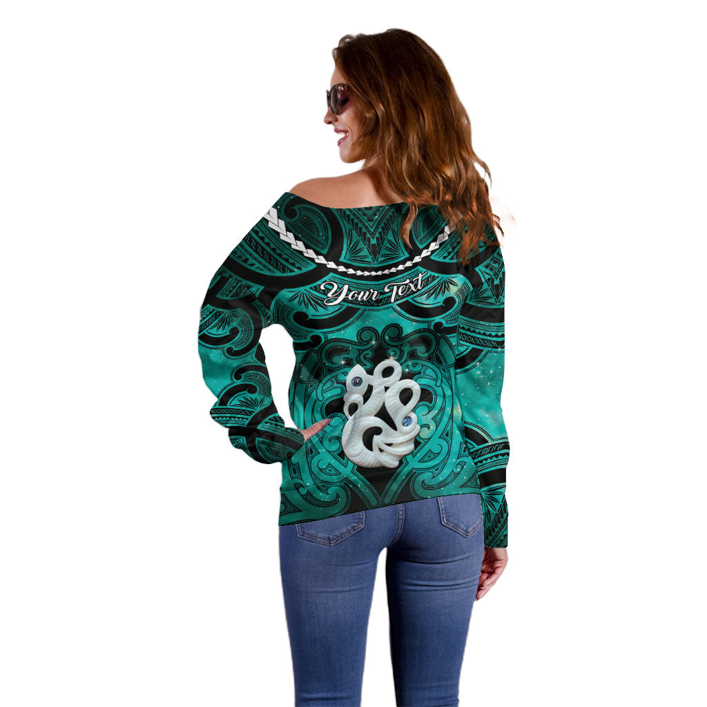 Personalised Maori Matariki Manaia Turquoise Off Shoulder Sweater Maori Kowhaiwhai Pattern Galaxy