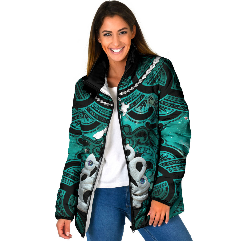 Personalised Maori Matariki Manaia Turquoise Padded Jacket Maori Kowhaiwhai Pattern Galaxy