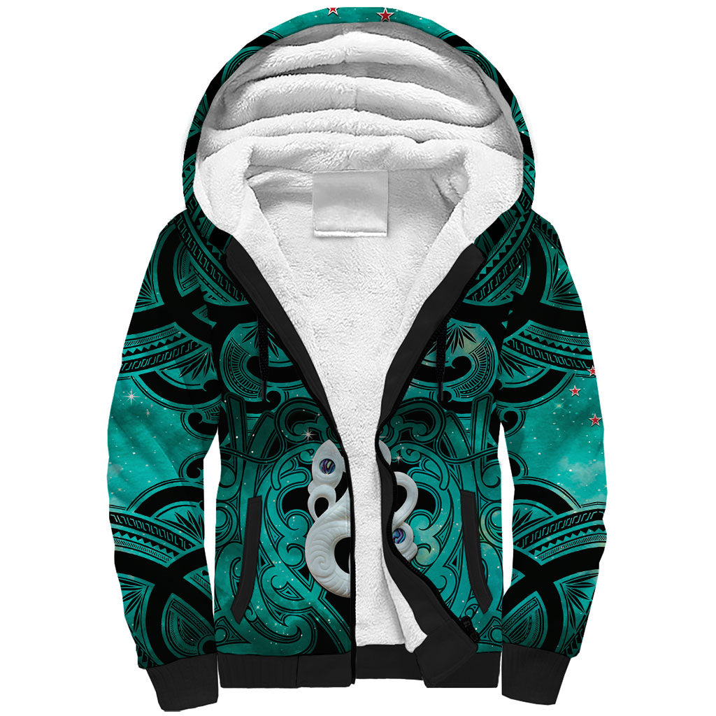 Personalised Maori Matariki Manaia Turquoise Sherpa Hoodie Maori Kowhaiwhai Pattern Galaxy